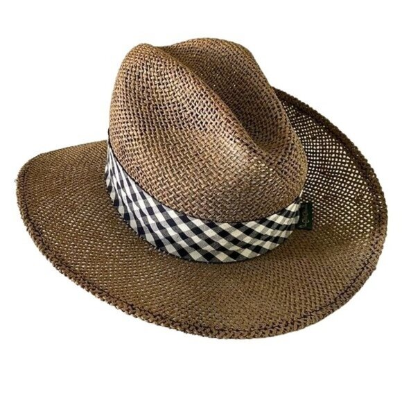 Mens Straw Hat with Black and White Checkered Band - Picture 1 of 9